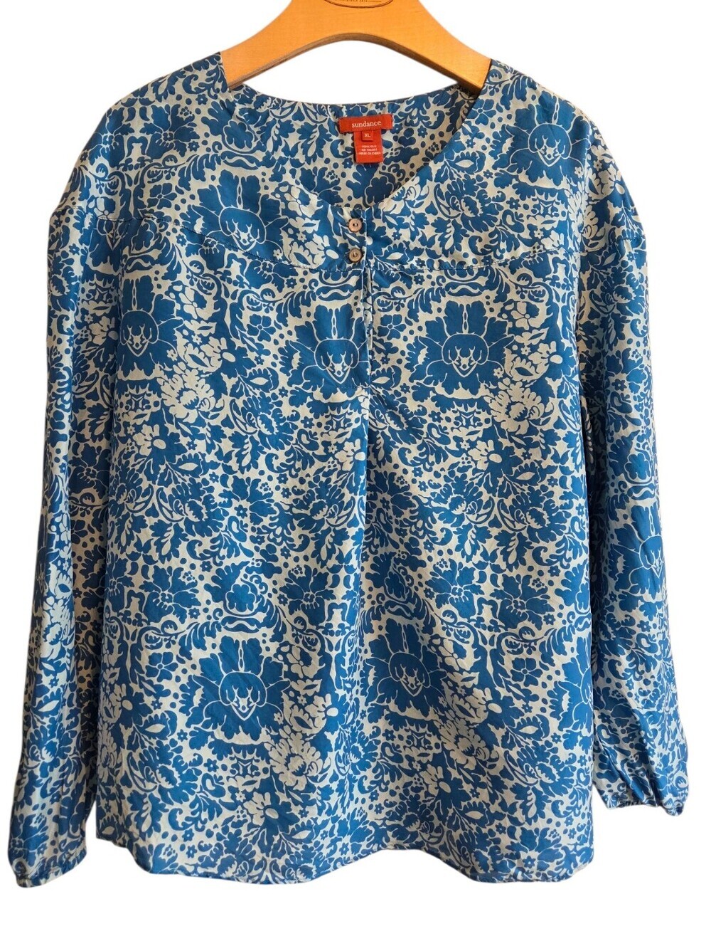 Sundance Silk Blue Floral Long Sleeve Pullover Button-Neck Blouse Sz XL Career